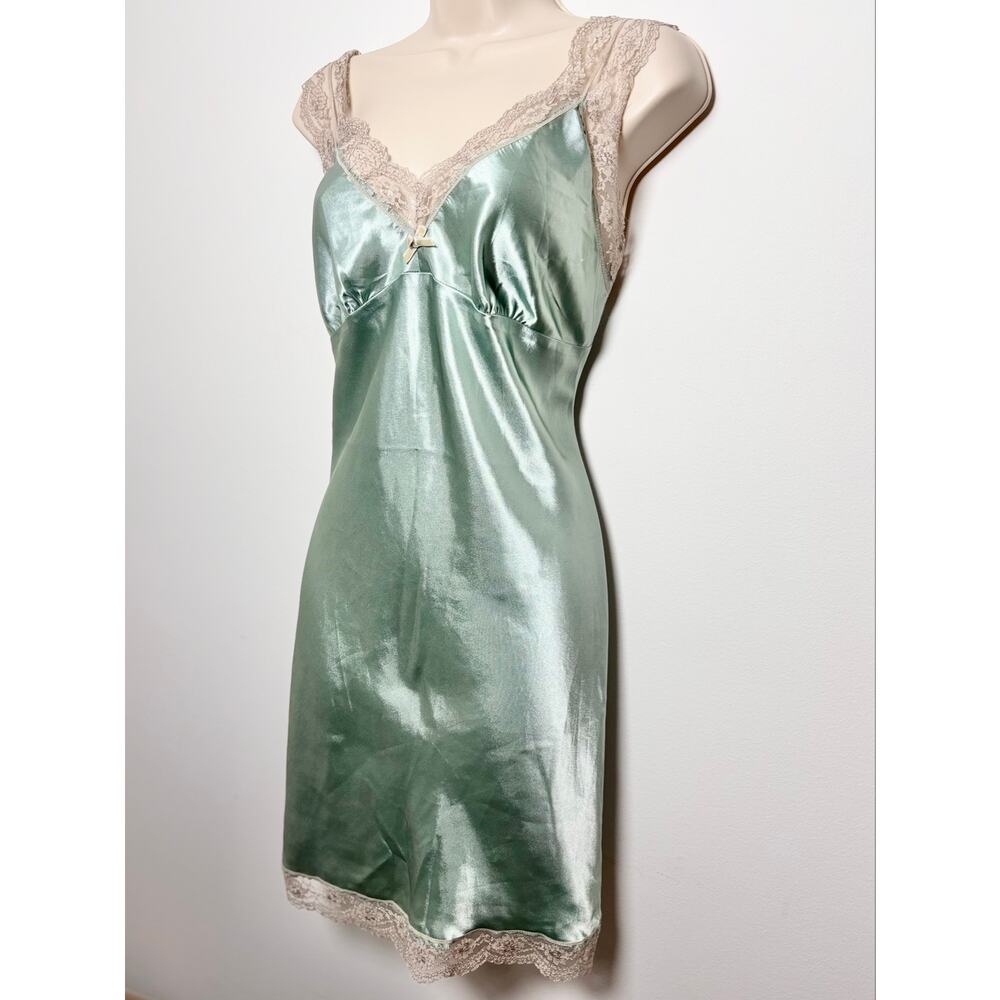 Teal White Lace Trim Slip Dress Silk Chemise Lingerie Style Mini